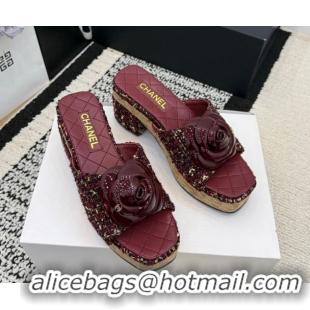 Good Quality Chanel Tweed Heel Slides Sandal with Camellia CH030616 Burgundy 2026