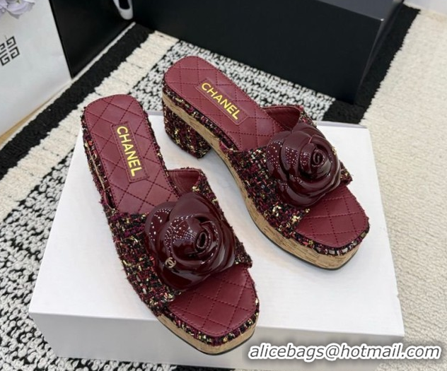 Good Quality Chanel Tweed Heel Slides Sandal with Camellia CH030616 Burgundy 2026