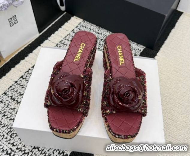 Good Quality Chanel Tweed Heel Slides Sandal with Camellia CH030616 Burgundy 2026