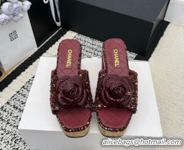 Good Quality Chanel Tweed Heel Slides Sandal with Camellia CH030616 Burgundy 2026