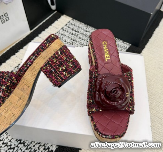 Good Quality Chanel Tweed Heel Slides Sandal with Camellia CH030616 Burgundy 2026