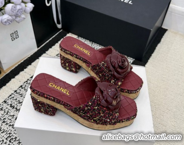 Good Quality Chanel Tweed Heel Slides Sandal with Camellia CH030616 Burgundy 2026