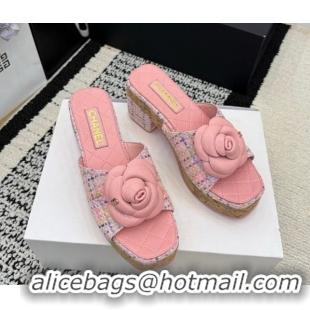 Best Product Chanel Tweed Heel Slides Sandal with Camellia CH030616 Pink 2026