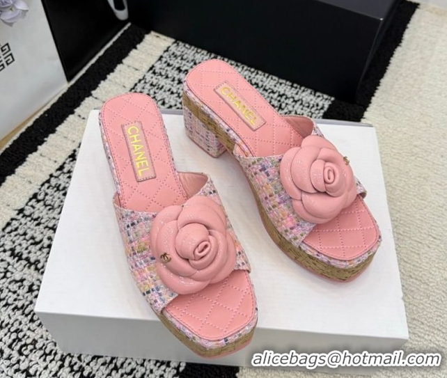 Best Product Chanel Tweed Heel Slides Sandal with Camellia CH030616 Pink 2026