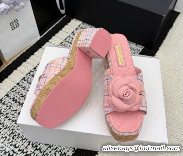 Best Product Chanel Tweed Heel Slides Sandal with Camellia CH030616 Pink 2026