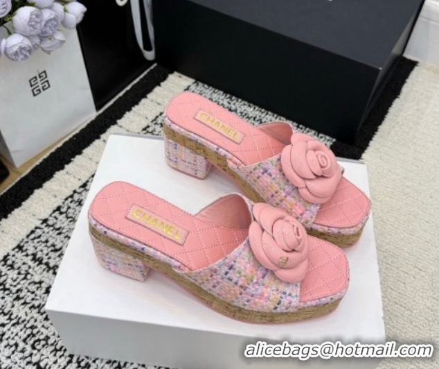 Best Product Chanel Tweed Heel Slides Sandal with Camellia CH030616 Pink 2026