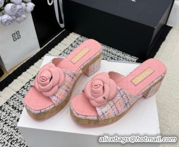 Best Product Chanel Tweed Heel Slides Sandal with Camellia CH030616 Pink 2026