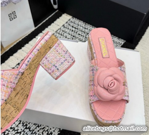Best Product Chanel Tweed Heel Slides Sandal with Camellia CH030616 Pink 2026