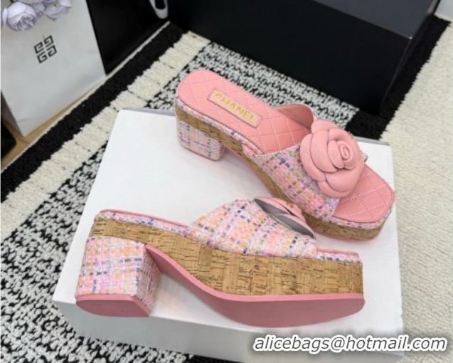 Best Product Chanel Tweed Heel Slides Sandal with Camellia CH030616 Pink 2026