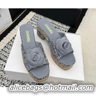 Discount Chanel Tweed Heel Slides Sandal with Camellia CH030616 Grey 2026