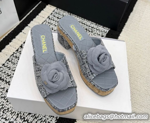 Discount Chanel Tweed Heel Slides Sandal with Camellia CH030616 Grey 2026