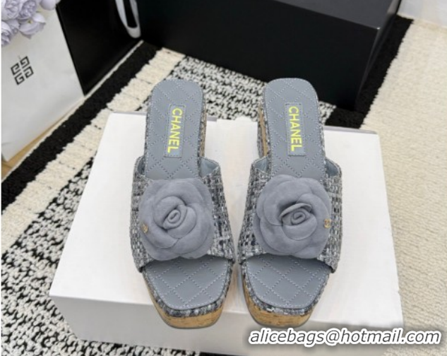 Discount Chanel Tweed Heel Slides Sandal with Camellia CH030616 Grey 2026