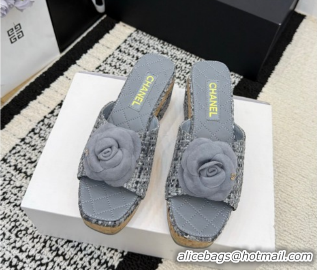 Discount Chanel Tweed Heel Slides Sandal with Camellia CH030616 Grey 2026