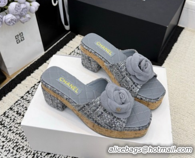 Discount Chanel Tweed Heel Slides Sandal with Camellia CH030616 Grey 2026