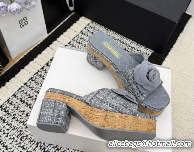 Discount Chanel Tweed Heel Slides Sandal with Camellia CH030616 Grey 2026