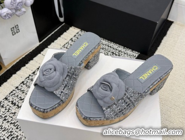 Discount Chanel Tweed Heel Slides Sandal with Camellia CH030616 Grey 2026