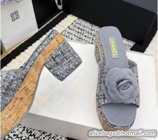 Discount Chanel Tweed Heel Slides Sandal with Camellia CH030616 Grey 2026