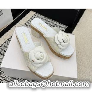 Good Product Chanel Tweed Heel Slides Sandal with Camellia CH030616 White 2026