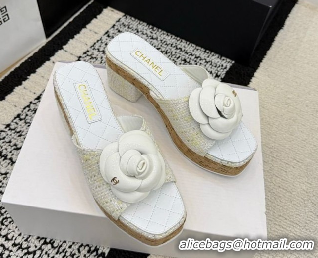 Good Product Chanel Tweed Heel Slides Sandal with Camellia CH030616 White 2026