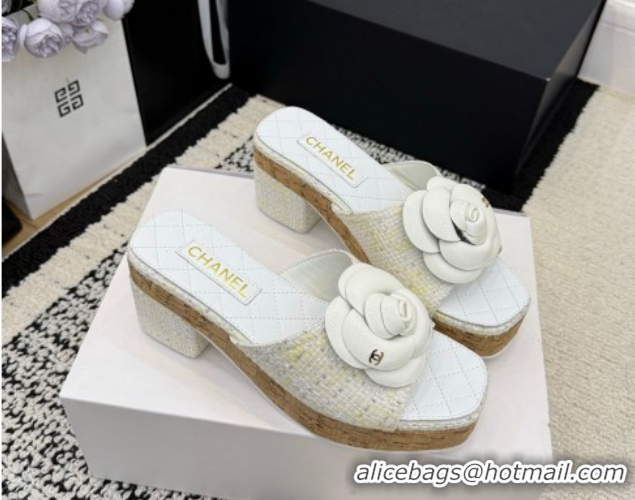 Good Product Chanel Tweed Heel Slides Sandal with Camellia CH030616 White 2026