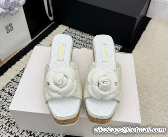Good Product Chanel Tweed Heel Slides Sandal with Camellia CH030616 White 2026