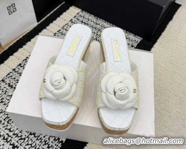 Good Product Chanel Tweed Heel Slides Sandal with Camellia CH030616 White 2026