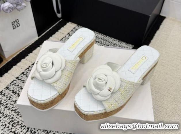Good Product Chanel Tweed Heel Slides Sandal with Camellia CH030616 White 2026
