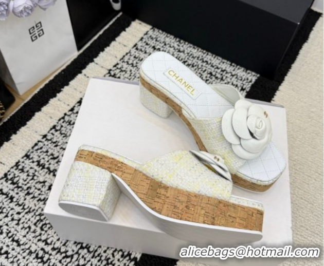 Good Product Chanel Tweed Heel Slides Sandal with Camellia CH030616 White 2026