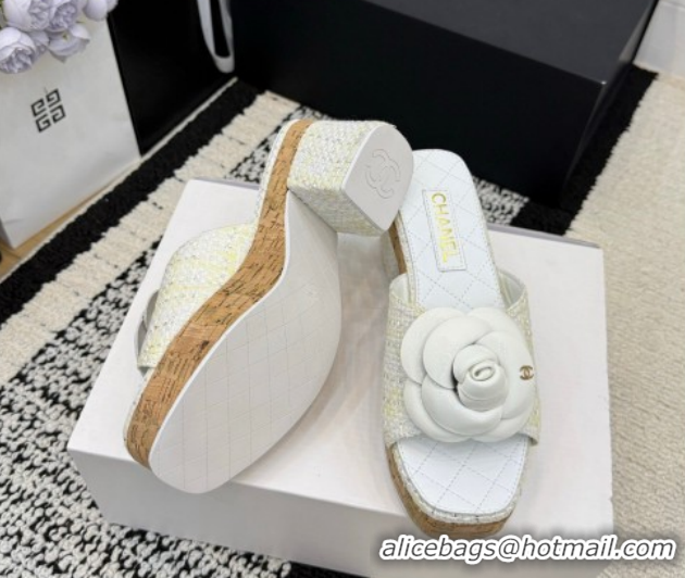 Good Product Chanel Tweed Heel Slides Sandal with Camellia CH030616 White 2026
