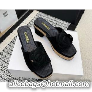 Top Grade Chanel Suede Heel Slides Sandal with Camellia CH030616 Black 2026
