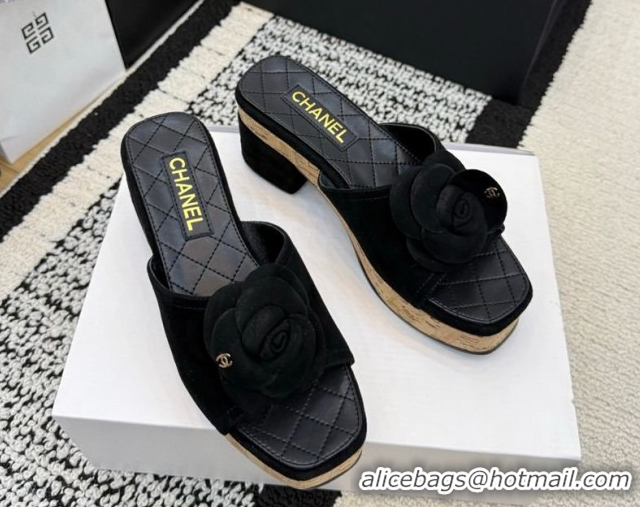 Top Grade Chanel Suede Heel Slides Sandal with Camellia CH030616 Black 2026
