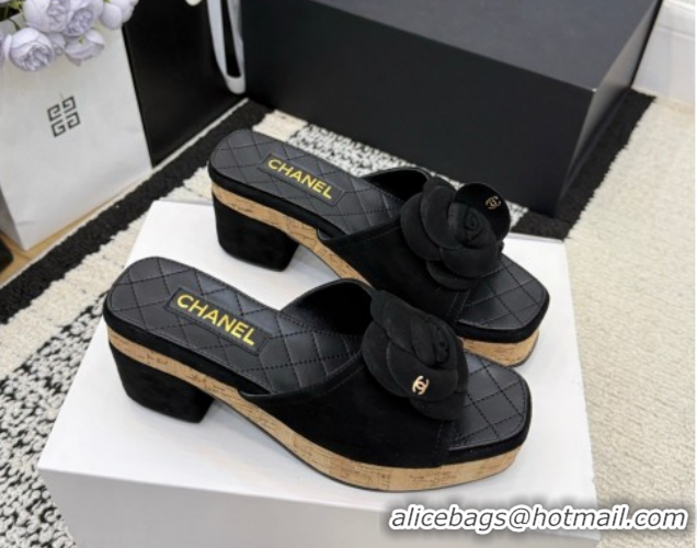 Top Grade Chanel Suede Heel Slides Sandal with Camellia CH030616 Black 2026