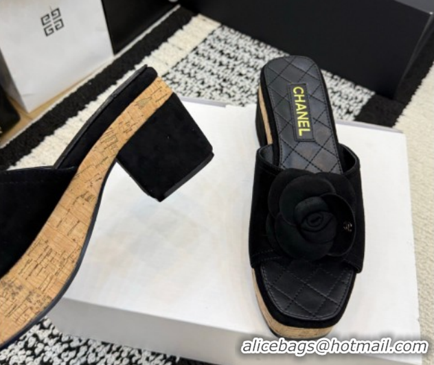 Top Grade Chanel Suede Heel Slides Sandal with Camellia CH030616 Black 2026