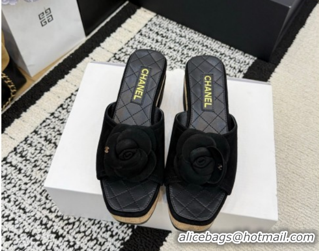 Top Grade Chanel Suede Heel Slides Sandal with Camellia CH030616 Black 2026