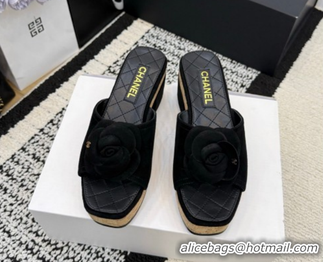 Top Grade Chanel Suede Heel Slides Sandal with Camellia CH030616 Black 2026