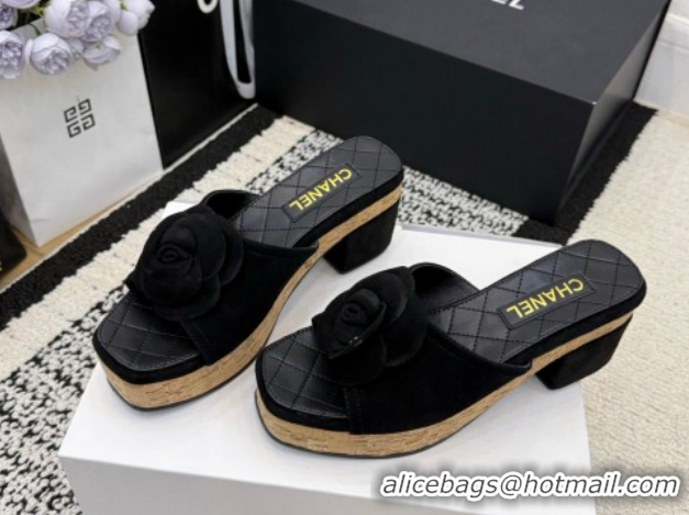 Top Grade Chanel Suede Heel Slides Sandal with Camellia CH030616 Black 2026