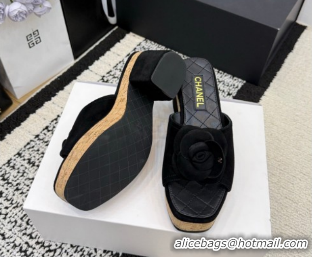Top Grade Chanel Suede Heel Slides Sandal with Camellia CH030616 Black 2026