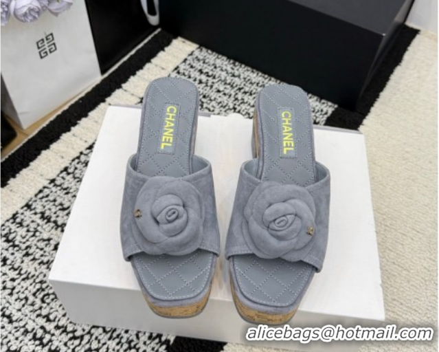 Pretty Style Chanel Suede Heel Slides Sandal with Camellia CH030616 Grey 2026