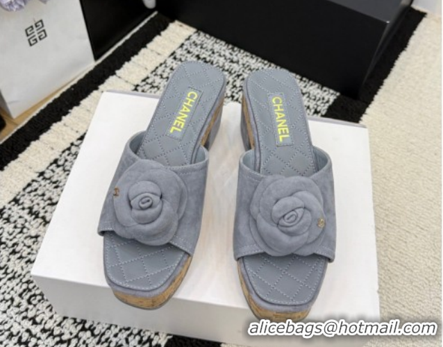 Pretty Style Chanel Suede Heel Slides Sandal with Camellia CH030616 Grey 2026