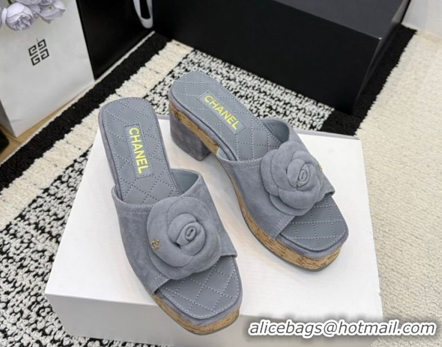 Pretty Style Chanel Suede Heel Slides Sandal with Camellia CH030616 Grey 2026