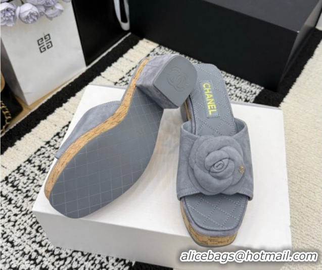 Pretty Style Chanel Suede Heel Slides Sandal with Camellia CH030616 Grey 2026