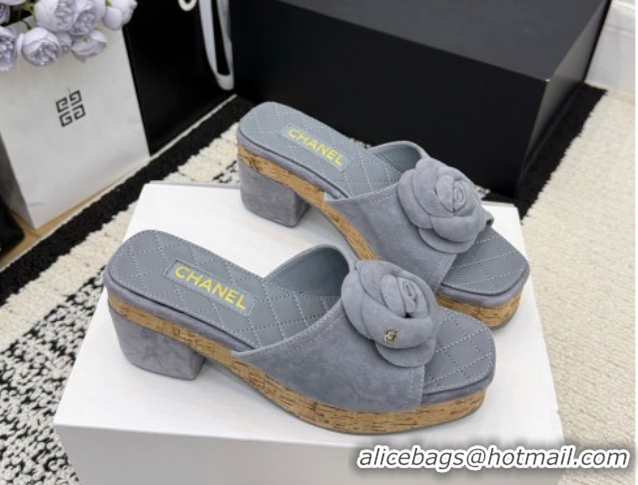 Pretty Style Chanel Suede Heel Slides Sandal with Camellia CH030616 Grey 2026