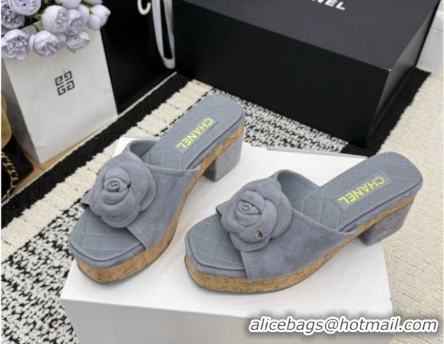 Pretty Style Chanel Suede Heel Slides Sandal with Camellia CH030616 Grey 2026