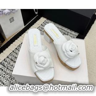 Grade Quality Chanel Calfskin Leather Heel Slides Sandal with Camellia CH030616 White 2026