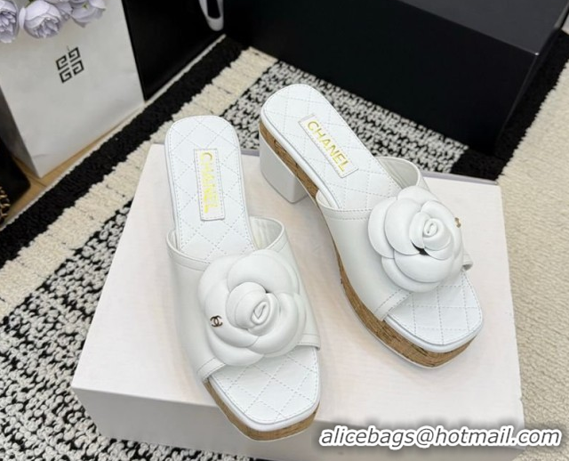 Grade Quality Chanel Calfskin Leather Heel Slides Sandal with Camellia CH030616 White 2026