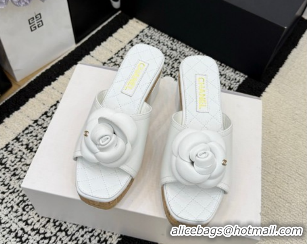 Grade Quality Chanel Calfskin Leather Heel Slides Sandal with Camellia CH030616 White 2026
