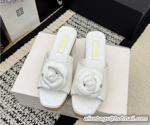 Grade Quality Chanel Calfskin Leather Heel Slides Sandal with Camellia CH030616 White 2026