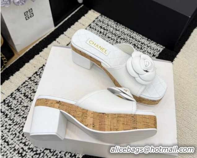 Grade Quality Chanel Calfskin Leather Heel Slides Sandal with Camellia CH030616 White 2026
