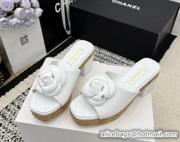 Grade Quality Chanel Calfskin Leather Heel Slides Sandal with Camellia CH030616 White 2026