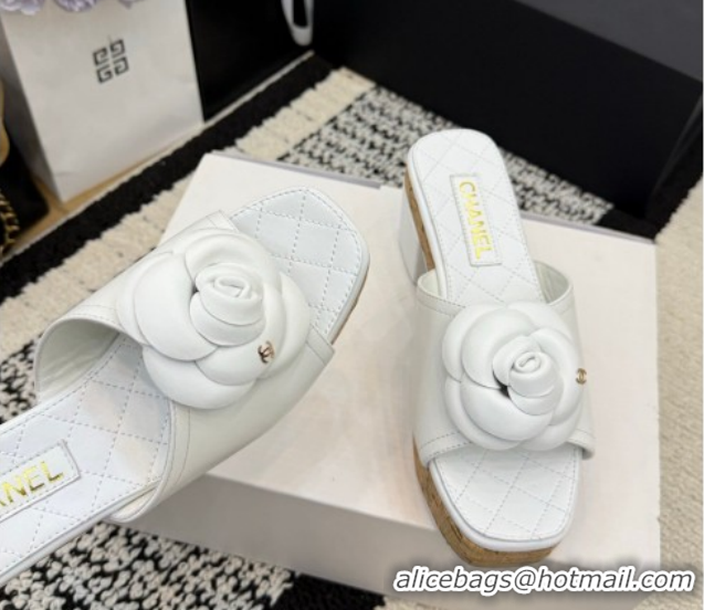 Grade Quality Chanel Calfskin Leather Heel Slides Sandal with Camellia CH030616 White 2026